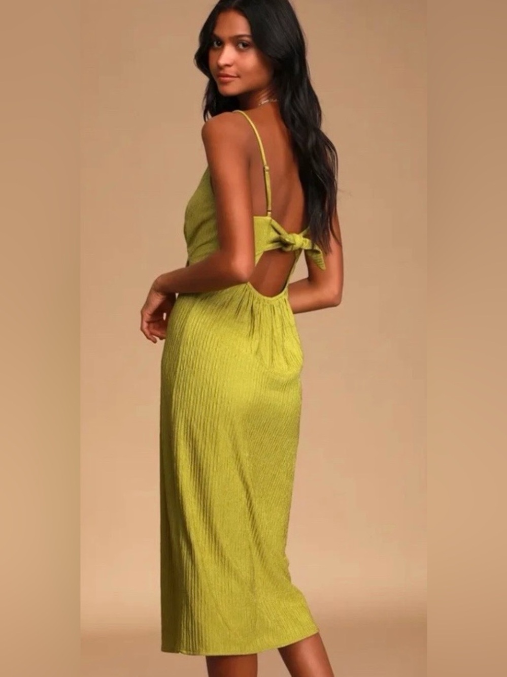 Lulu's Sz XL Charmeuse Lime Green Backless Tie-Back Textured Midi Dress